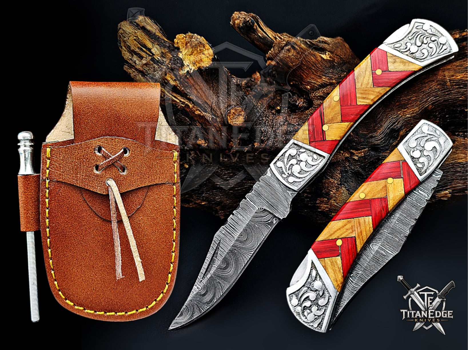 Handmade 7.25" Damascus Steel Pocket Knife, Folding EDC Hunting Knife, Wood Handle, Groomsmen Gift With Leather Sheath