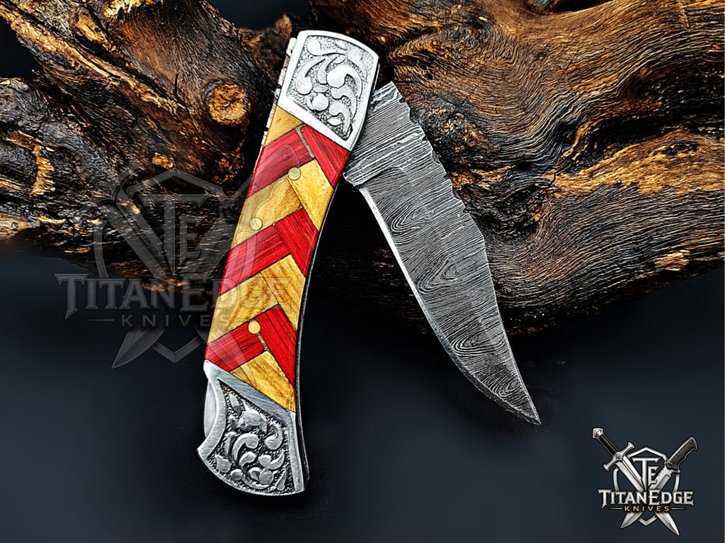 Handmade 7.25" Damascus Steel Pocket Knife, Folding EDC Hunting Knife, Wood Handle, Groomsmen Gift With Leather Sheath