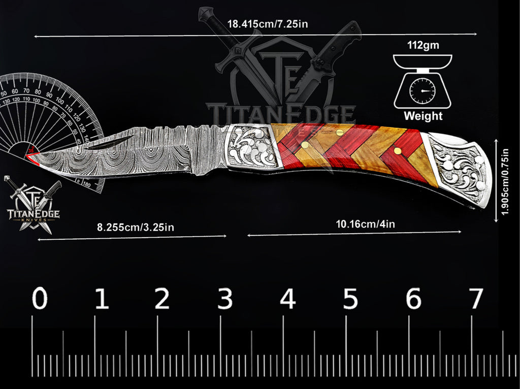 Handmade 7.25" Damascus Steel Pocket Knife, Folding EDC Hunting Knife, Wood Handle, Groomsmen Gift With Leather Sheath