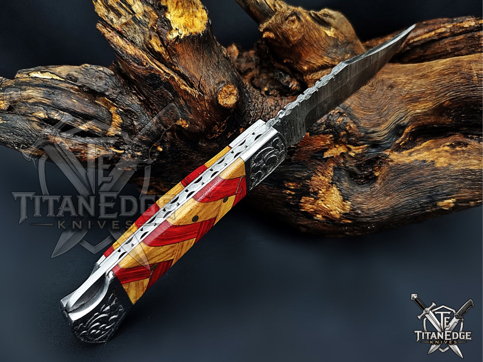 Handmade 7.25" Damascus Steel Pocket Knife, Folding EDC Hunting Knife, Wood Handle, Groomsmen Gift With Leather Sheath