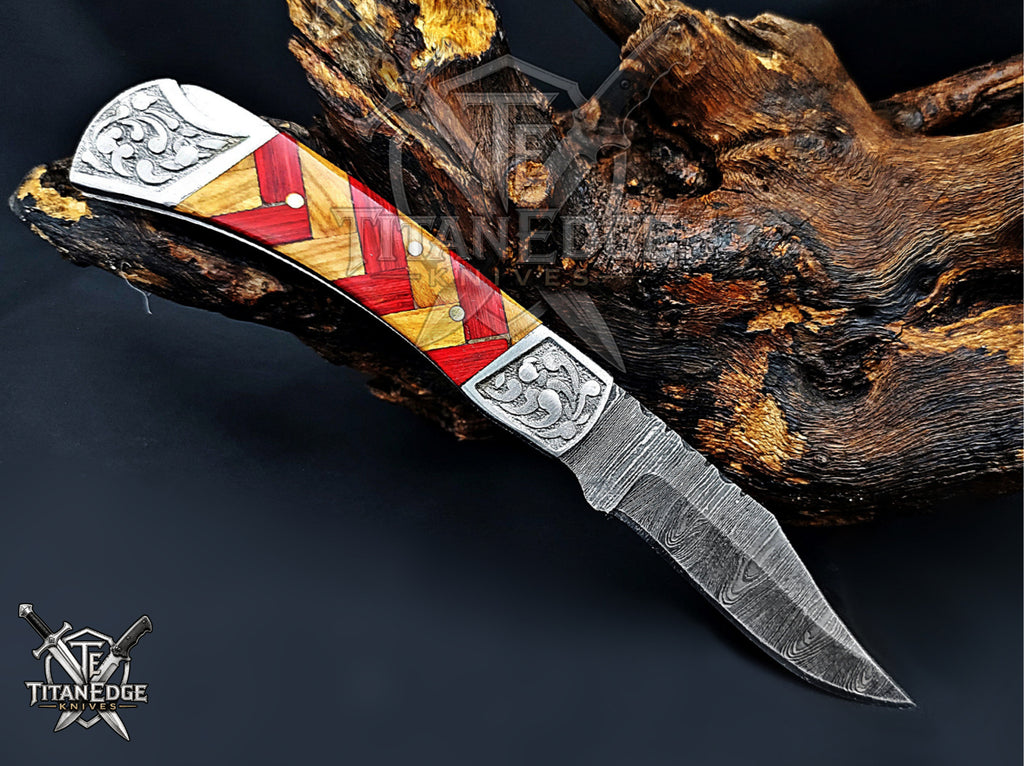 Handmade 7.25" Damascus Steel Pocket Knife, Folding EDC Hunting Knife, Wood Handle, Groomsmen Gift With Leather Sheath