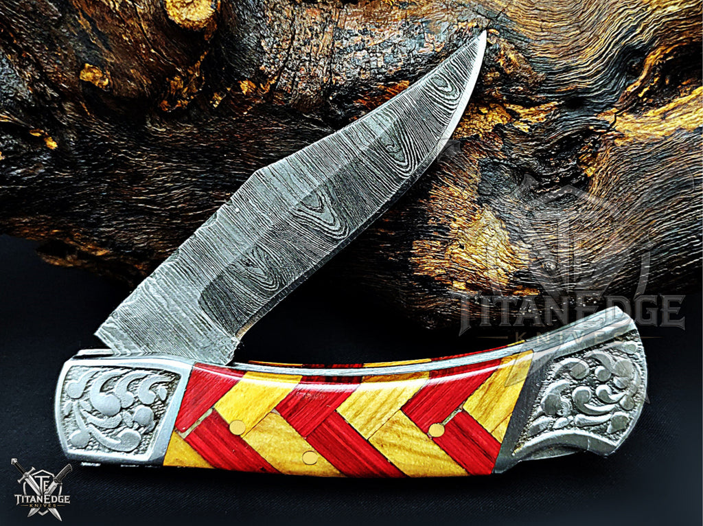 Handmade 7.25" Damascus Steel Pocket Knife, Folding EDC Hunting Knife, Wood Handle, Groomsmen Gift With Leather Sheath