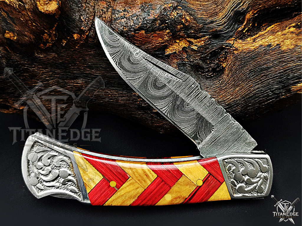 Handmade 7.25" Damascus Steel Pocket Knife, Folding EDC Hunting Knife, Wood Handle, Groomsmen Gift With Leather Sheath