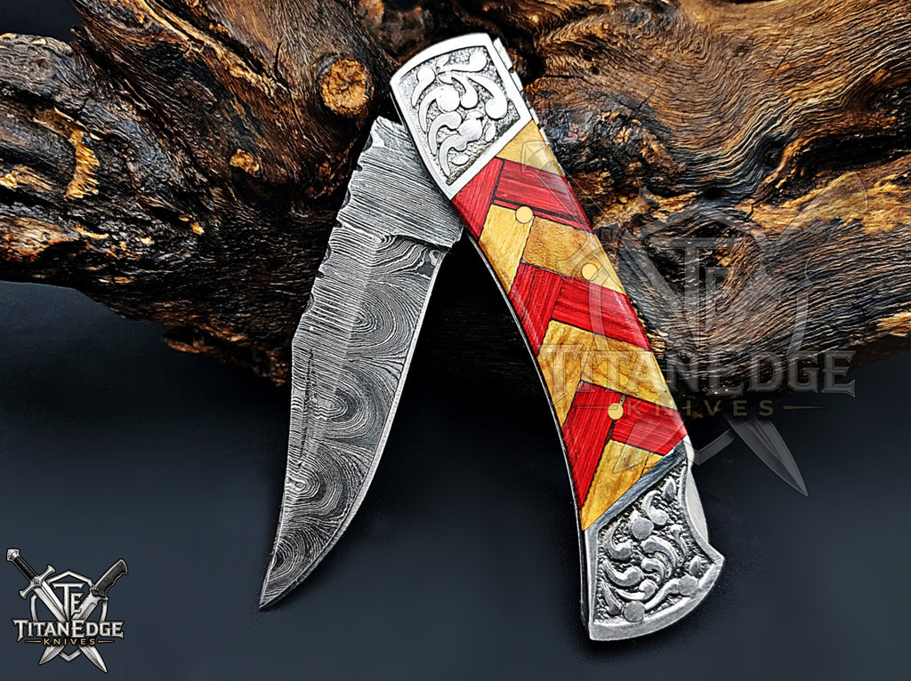 Handmade 7.25" Damascus Steel Pocket Knife, Folding EDC Hunting Knife, Wood Handle, Groomsmen Gift With Leather Sheath