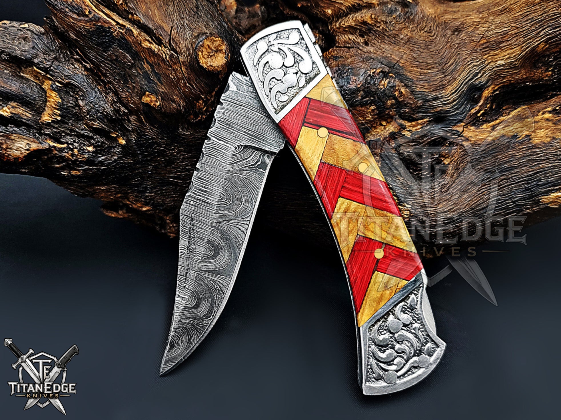 Handmade 7.25" Damascus Steel Pocket Knife, Folding EDC Hunting Knife, Wood Handle, Groomsmen Gift With Leather Sheath