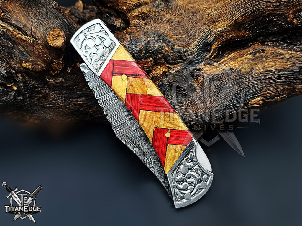 Handmade 7.25" Damascus Steel Pocket Knife, Folding EDC Hunting Knife, Wood Handle, Groomsmen Gift With Leather Sheath
