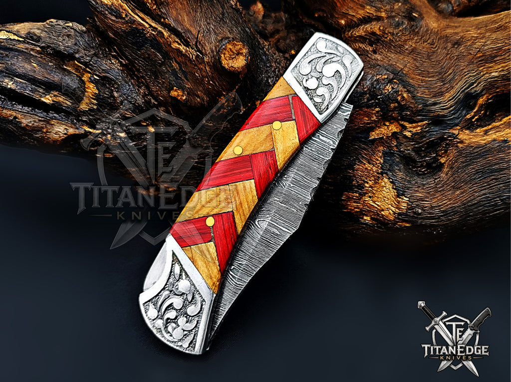Handmade 7.25" Damascus Steel Pocket Knife, Folding EDC Hunting Knife, Wood Handle, Groomsmen Gift With Leather Sheath