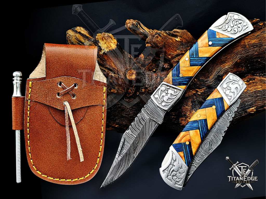 Handmade 7.25" Damascus Steel Pocket Knife, Folding EDC Hunting Knife, Wood Handle, Groomsmen Gift With Leather Sheath