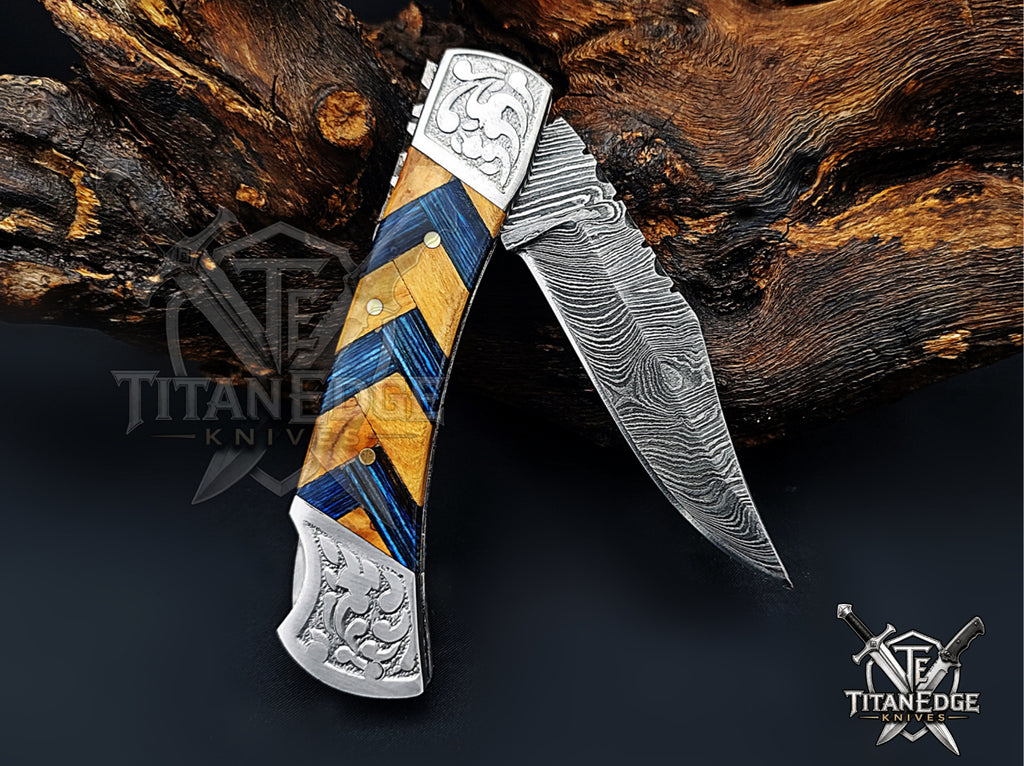 Handmade 7.25" Damascus Steel Pocket Knife, Folding EDC Hunting Knife, Wood Handle, Groomsmen Gift With Leather Sheath