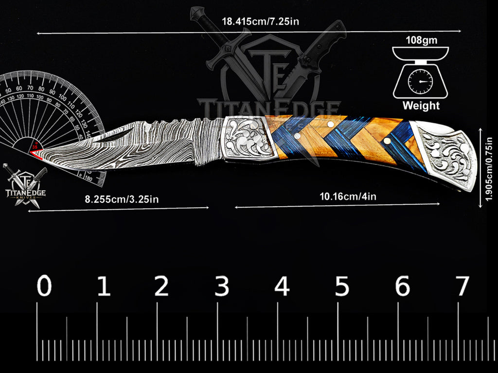 Handmade 7.25" Damascus Steel Pocket Knife, Folding EDC Hunting Knife, Wood Handle, Groomsmen Gift With Leather Sheath