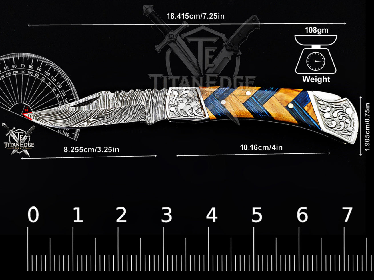 Handmade 7.25" Damascus Steel Pocket Knife, Folding EDC Hunting Knife, Wood Handle, Groomsmen Gift With Leather Sheath