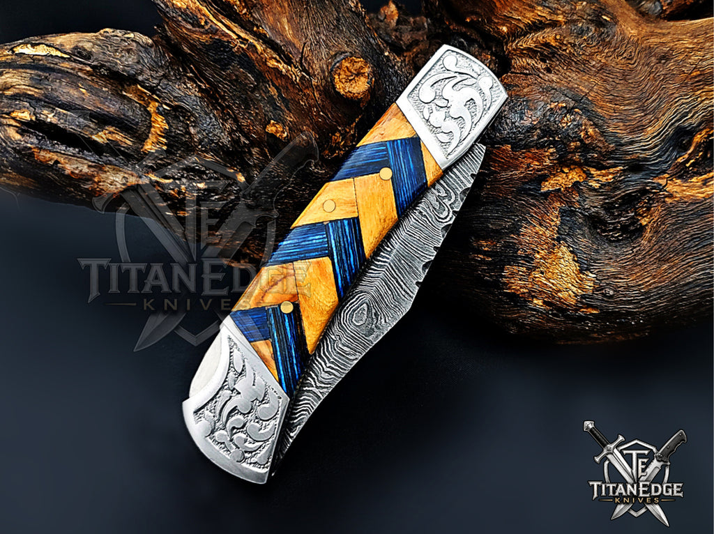 Handmade 7.25" Damascus Steel Pocket Knife, Folding EDC Hunting Knife, Wood Handle, Groomsmen Gift With Leather Sheath