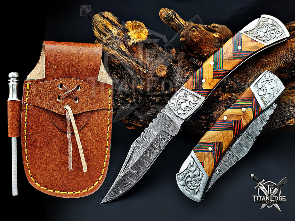 Handmade 7.25" Damascus Steel Pocket Knife, Folding EDC Hunting Knife, Wood Handle, Groomsmen Gift With Leather Sheath
