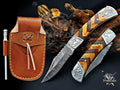 Handmade 7.25" Damascus Steel Pocket Knife, Folding EDC Hunting Knife, Wood Handle, Groomsmen Gift With Leather Sheath