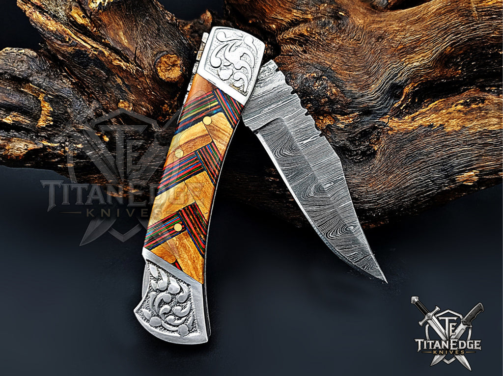 Handmade 7.25" Damascus Steel Pocket Knife, Folding EDC Hunting Knife, Wood Handle, Groomsmen Gift With Leather Sheath