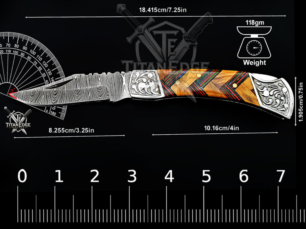 Handmade 7.25" Damascus Steel Pocket Knife, Folding EDC Hunting Knife, Wood Handle, Groomsmen Gift With Leather Sheath