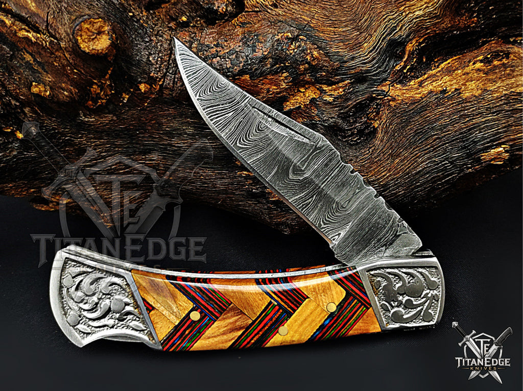 Handmade 7.25" Damascus Steel Pocket Knife, Folding EDC Hunting Knife, Wood Handle, Groomsmen Gift With Leather Sheath