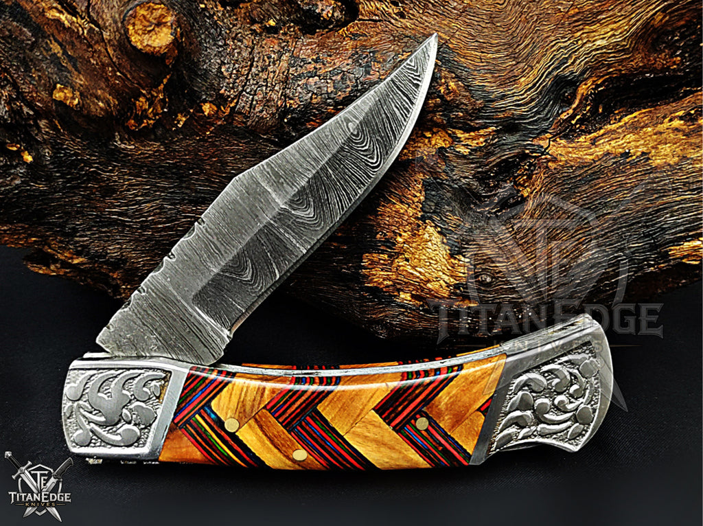 Handmade 7.25" Damascus Steel Pocket Knife, Folding EDC Hunting Knife, Wood Handle, Groomsmen Gift With Leather Sheath
