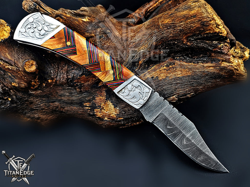 Handmade 7.25" Damascus Steel Pocket Knife, Folding EDC Hunting Knife, Wood Handle, Groomsmen Gift With Leather Sheath