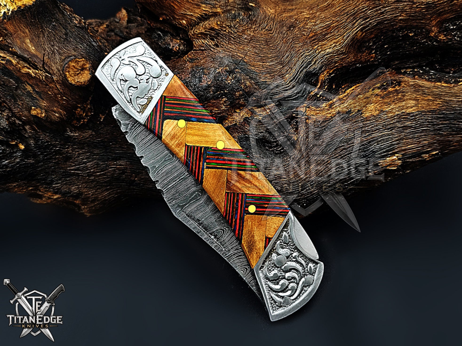 Handmade 7.25" Damascus Steel Pocket Knife, Folding EDC Hunting Knife, Wood Handle, Groomsmen Gift With Leather Sheath