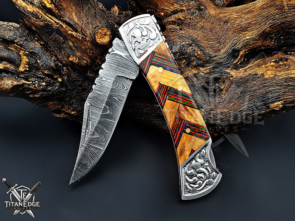 Handmade 7.25" Damascus Steel Pocket Knife, Folding EDC Hunting Knife, Wood Handle, Groomsmen Gift With Leather Sheath