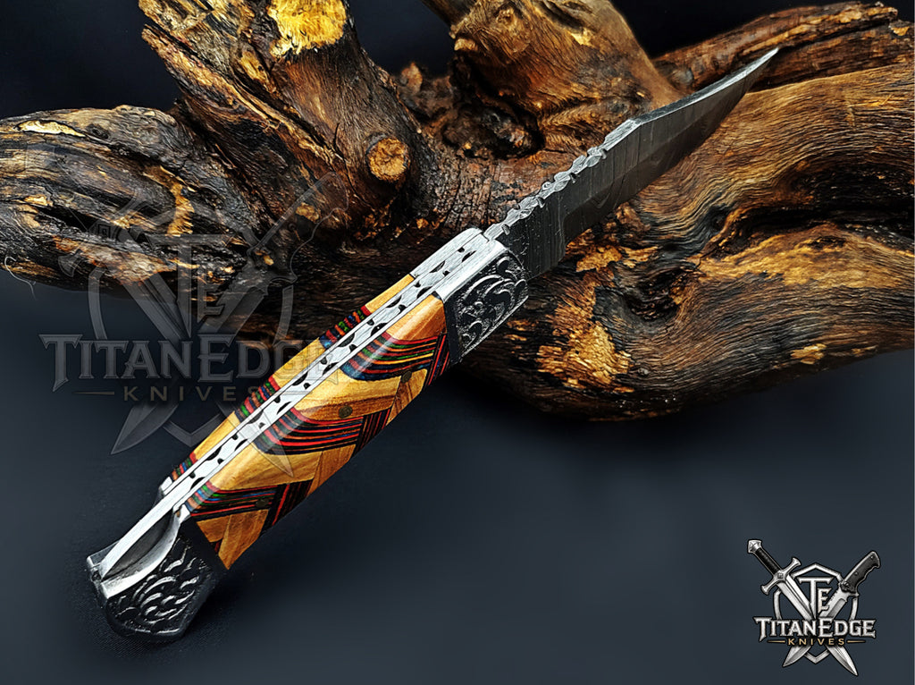 Handmade 7.25" Damascus Steel Pocket Knife, Folding EDC Hunting Knife, Wood Handle, Groomsmen Gift With Leather Sheath