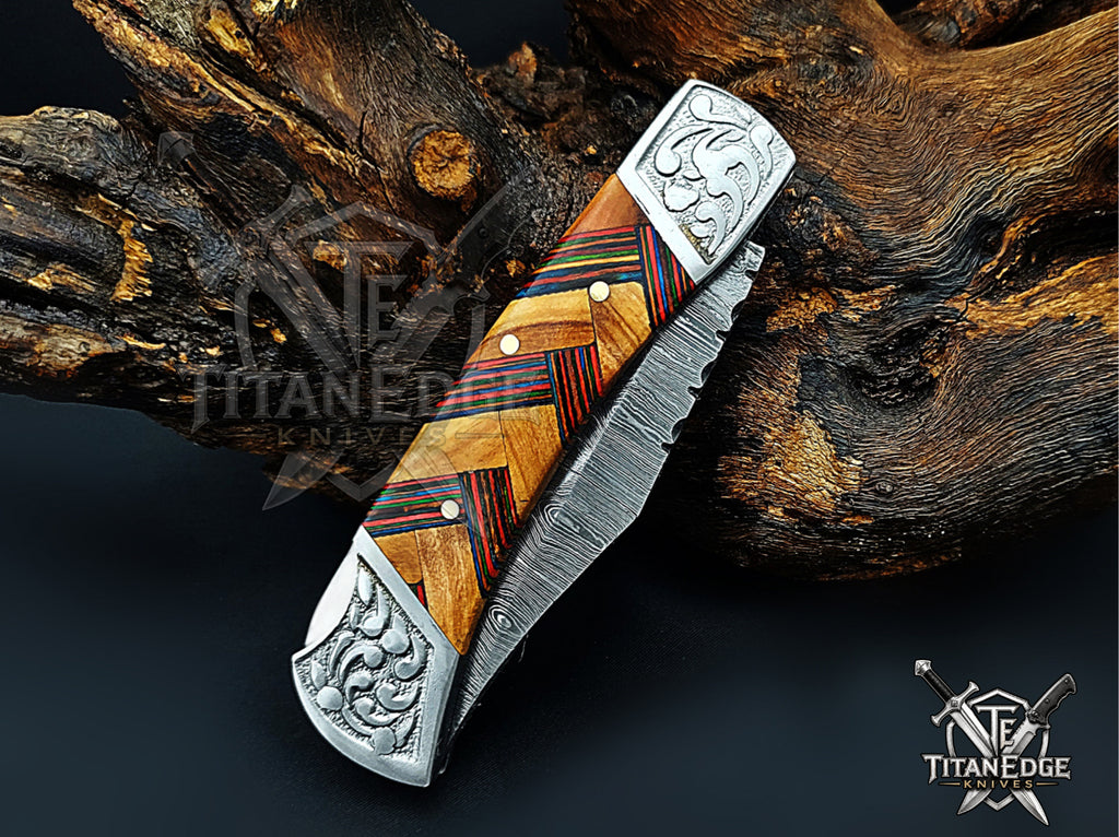 Handmade 7.25" Damascus Steel Pocket Knife, Folding EDC Hunting Knife, Wood Handle, Groomsmen Gift With Leather Sheath