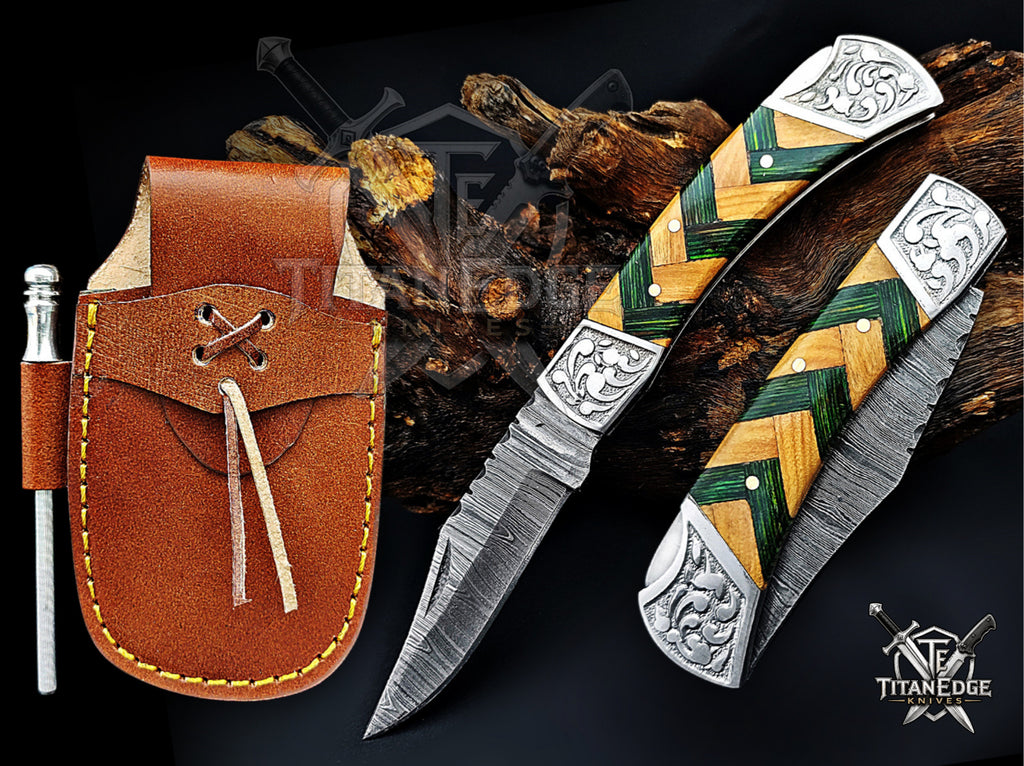 Handmade 7.25" Damascus Steel Pocket Knife, Folding EDC Hunting Knife, Wood Handle, Groomsmen Gift With Leather Sheath