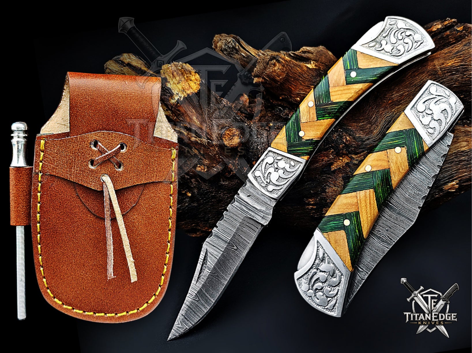 Handmade 7.25" Damascus Steel Pocket Knife, Folding EDC Hunting Knife, Wood Handle, Groomsmen Gift With Leather Sheath