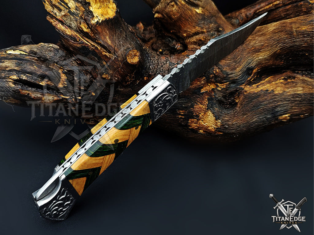 Handmade 7.25" Damascus Steel Pocket Knife, Folding EDC Hunting Knife, Wood Handle, Groomsmen Gift With Leather Sheath