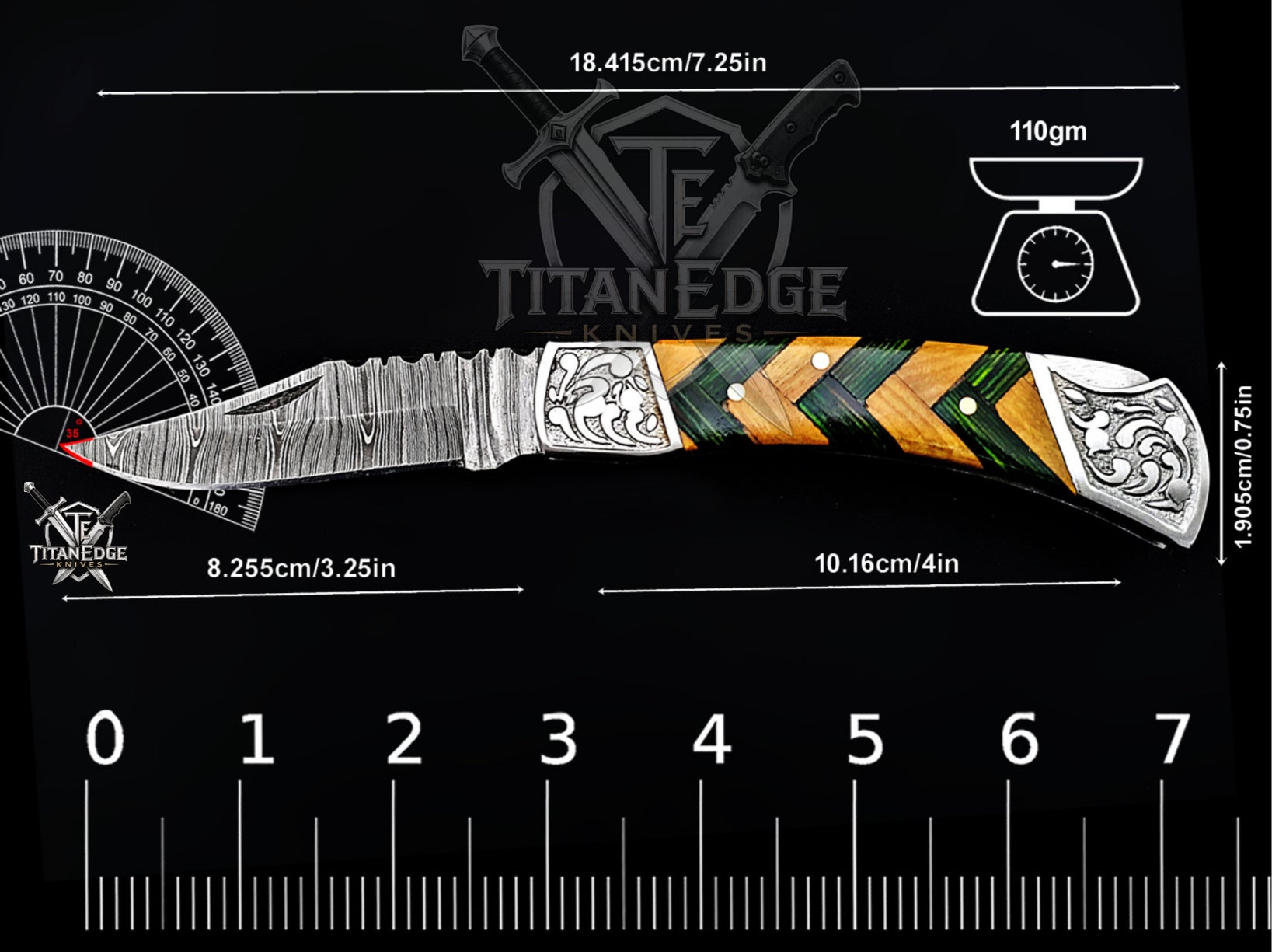 Handmade 7.25" Damascus Steel Pocket Knife, Folding EDC Hunting Knife, Wood Handle, Groomsmen Gift With Leather Sheath