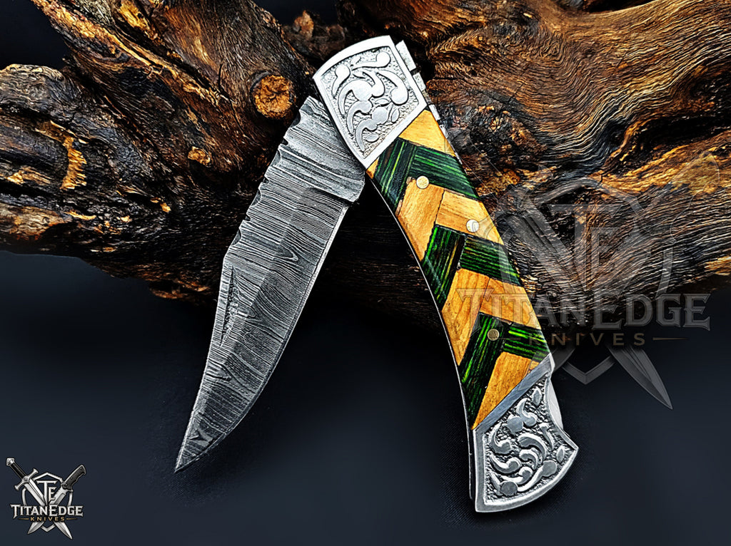 Handmade 7.25" Damascus Steel Pocket Knife, Folding EDC Hunting Knife, Wood Handle, Groomsmen Gift With Leather Sheath