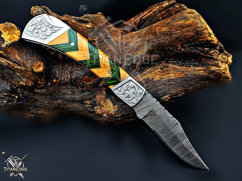 Handmade 7.25" Damascus Steel Pocket Knife, Folding EDC Hunting Knife, Wood Handle, Groomsmen Gift With Leather Sheath