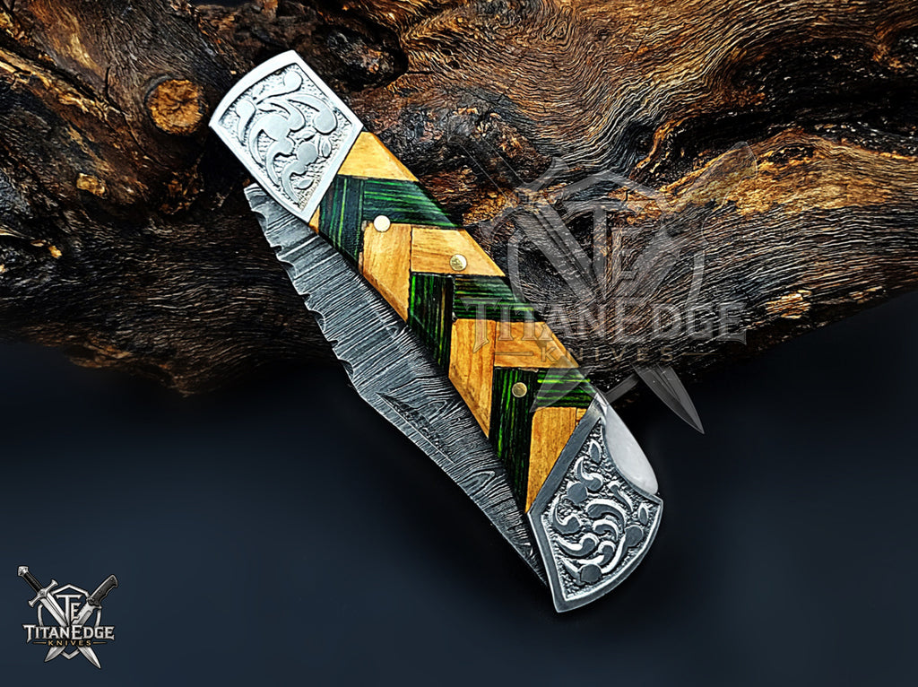 Handmade 7.25" Damascus Steel Pocket Knife, Folding EDC Hunting Knife, Wood Handle, Groomsmen Gift With Leather Sheath