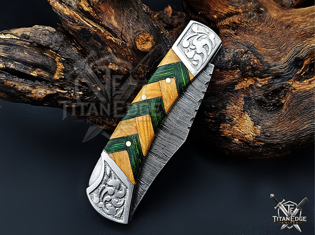 Handmade 7.25" Damascus Steel Pocket Knife, Folding EDC Hunting Knife, Wood Handle, Groomsmen Gift With Leather Sheath
