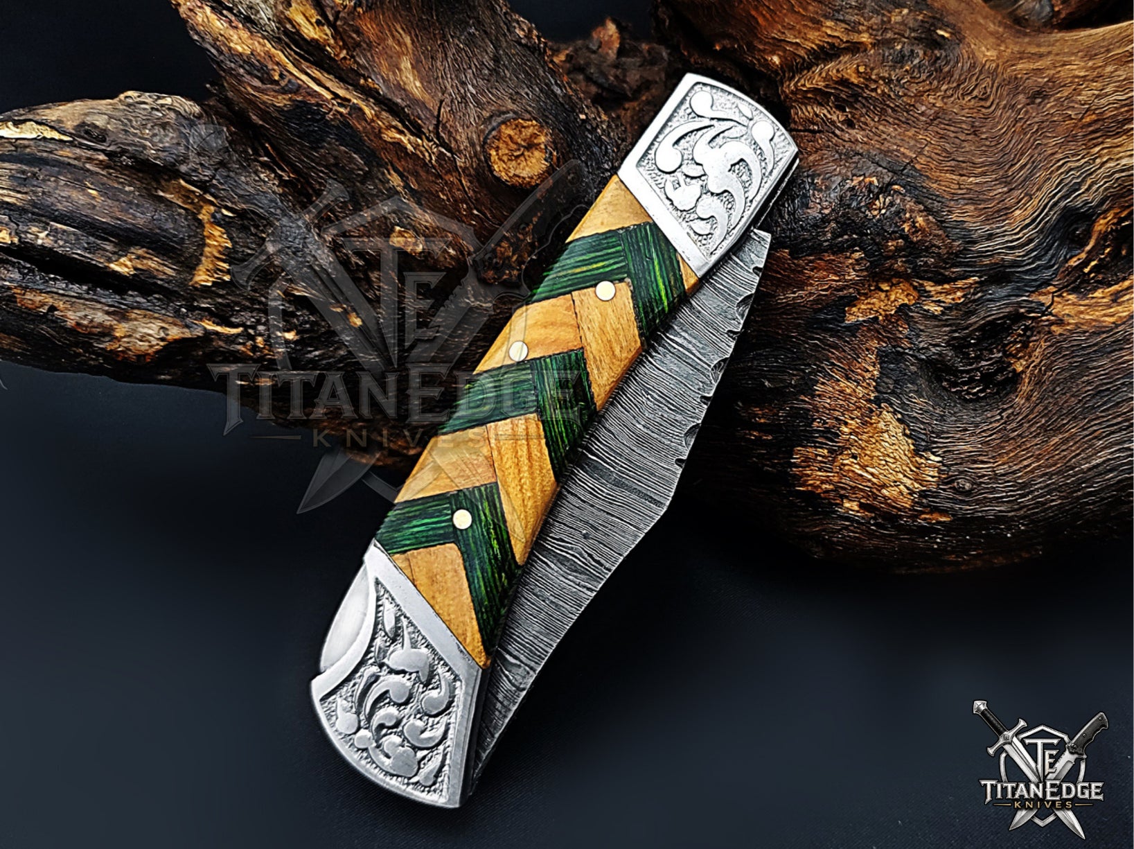 Handmade 7.25" Damascus Steel Pocket Knife, Folding EDC Hunting Knife, Wood Handle, Groomsmen Gift With Leather Sheath