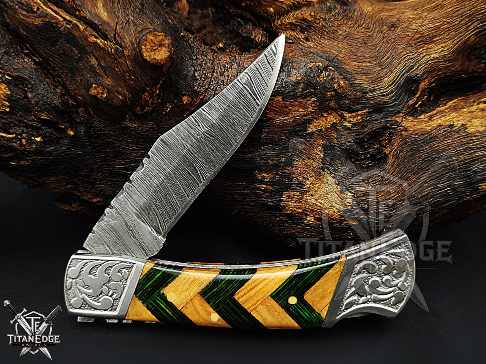 Handmade 7.25" Damascus Steel Pocket Knife, Folding EDC Hunting Knife, Wood Handle, Groomsmen Gift With Leather Sheath