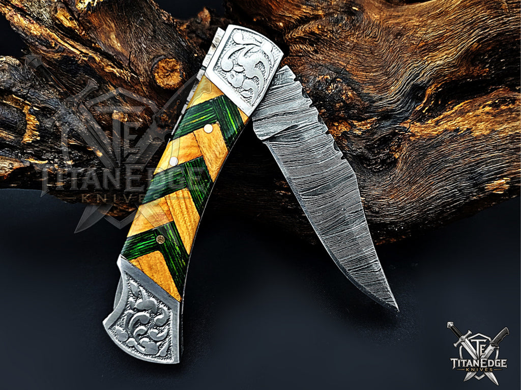 Handmade 7.25" Damascus Steel Pocket Knife, Folding EDC Hunting Knife, Wood Handle, Groomsmen Gift With Leather Sheath