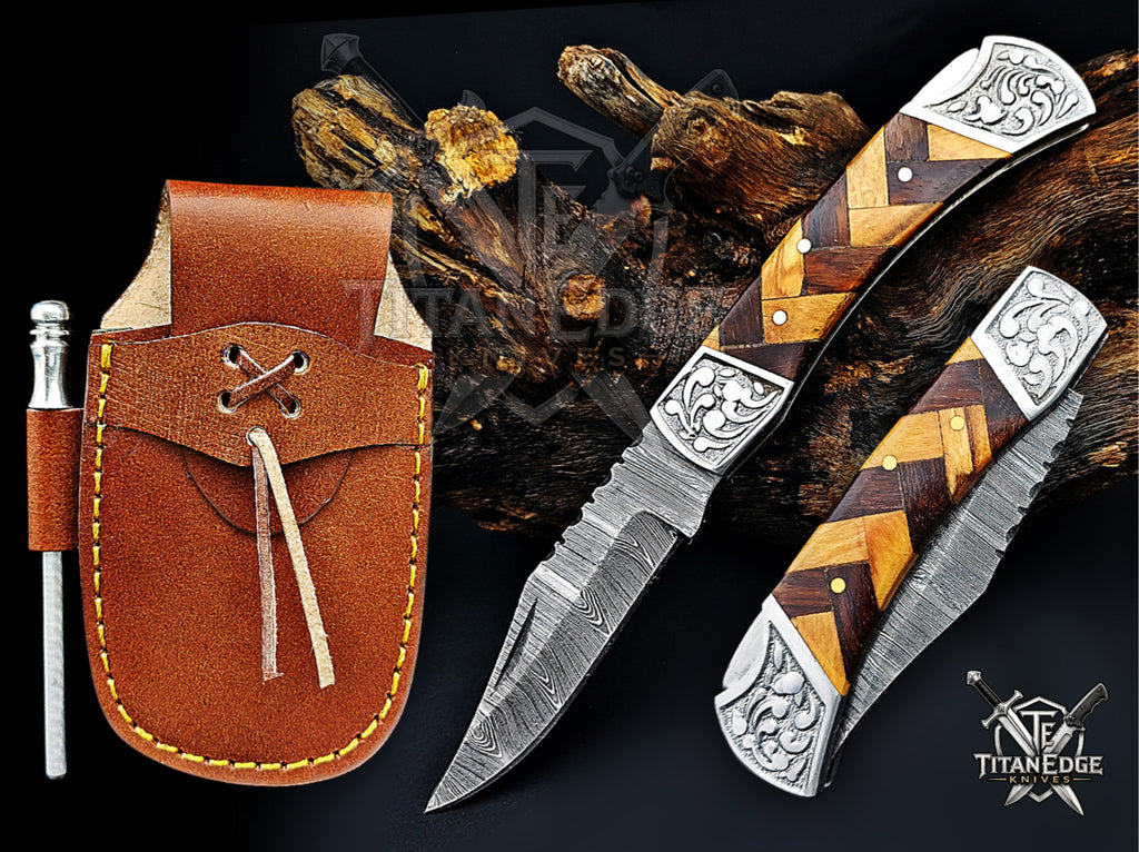 Handmade 7.25" Damascus Steel Pocket Knife, Folding EDC Hunting Knife, Wood Handle, Groomsmen Gift With Leather Sheath