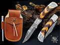 Handmade 7.25" Damascus Steel Pocket Knife, Folding EDC Hunting Knife, Wood Handle, Groomsmen Gift With Leather Sheath