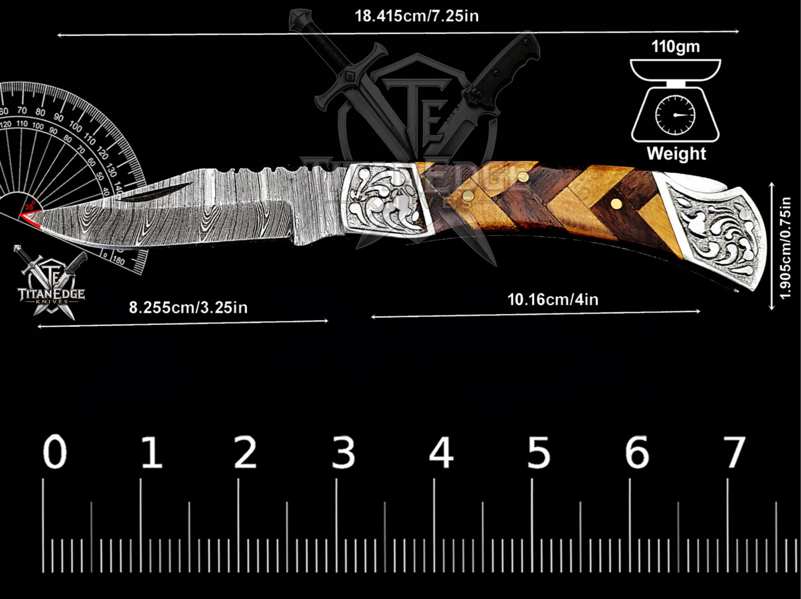 Handmade 7.25" Damascus Steel Pocket Knife, Folding EDC Hunting Knife, Wood Handle, Groomsmen Gift With Leather Sheath