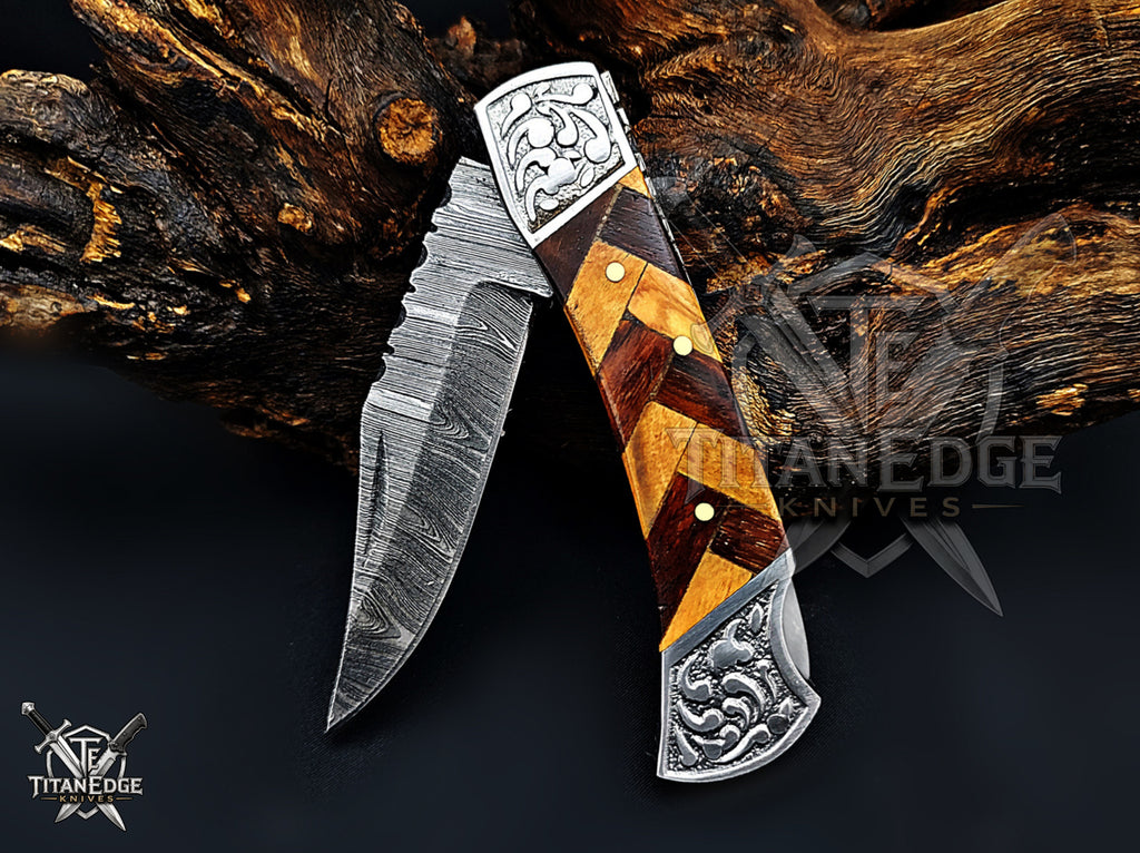 Handmade 7.25" Damascus Steel Pocket Knife, Folding EDC Hunting Knife, Wood Handle, Groomsmen Gift With Leather Sheath