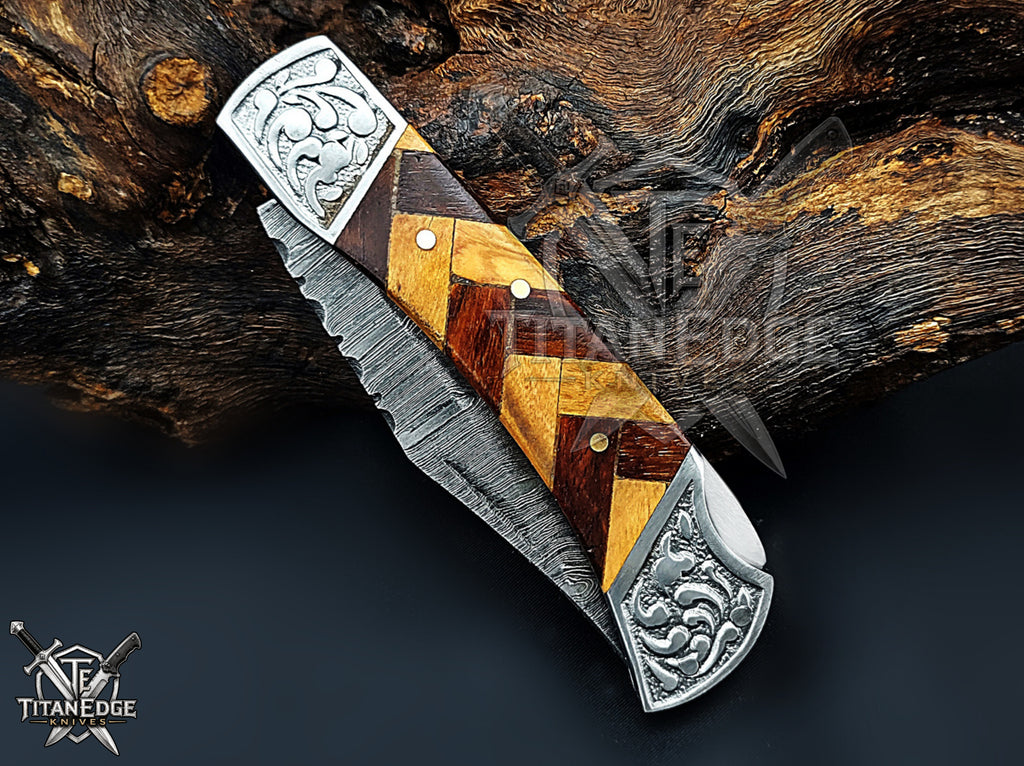 Handmade 7.25" Damascus Steel Pocket Knife, Folding EDC Hunting Knife, Wood Handle, Groomsmen Gift With Leather Sheath
