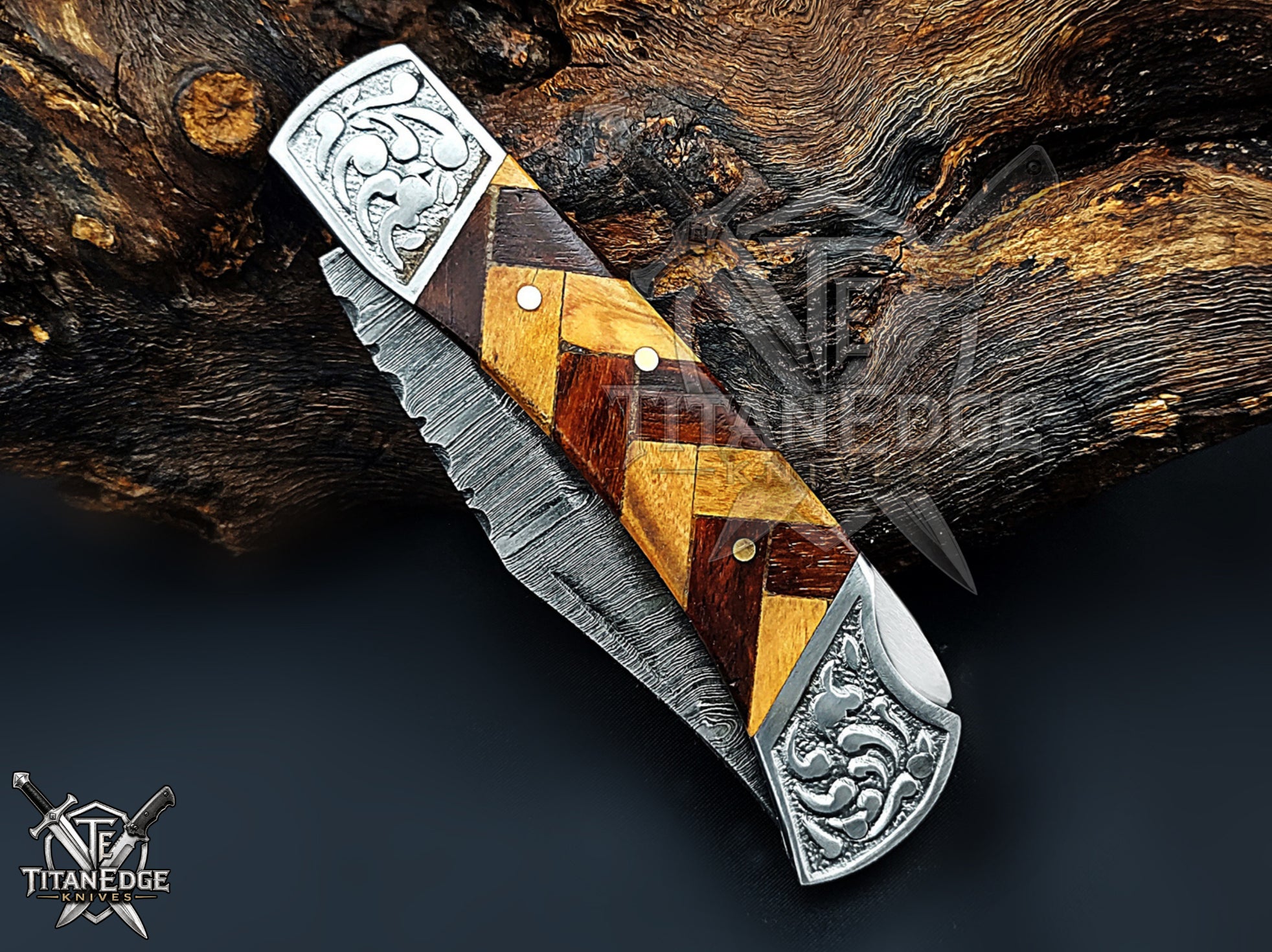 Handmade 7.25" Damascus Steel Pocket Knife, Folding EDC Hunting Knife, Wood Handle, Groomsmen Gift With Leather Sheath