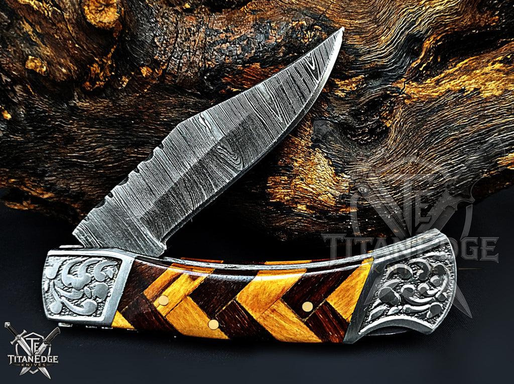 Handmade 7.25" Damascus Steel Pocket Knife, Folding EDC Hunting Knife, Wood Handle, Groomsmen Gift With Leather Sheath