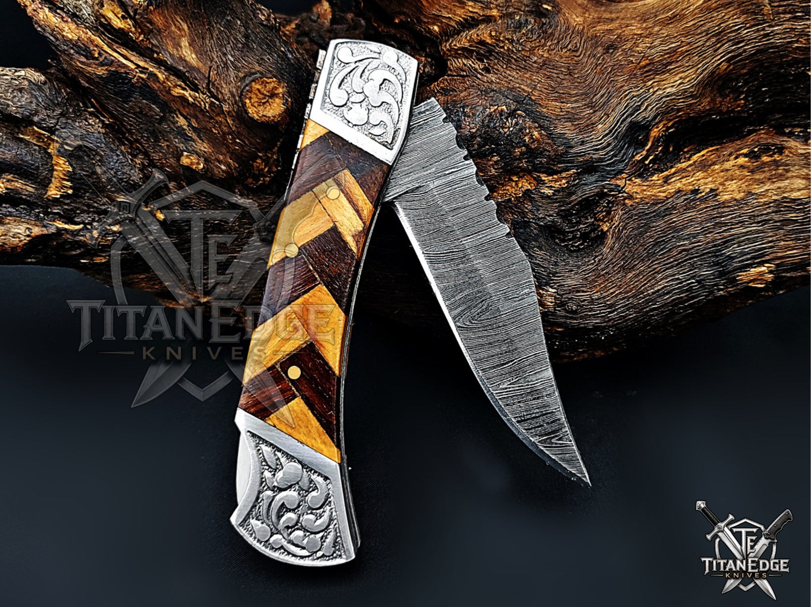 Handmade 7.25" Damascus Steel Pocket Knife, Folding EDC Hunting Knife, Wood Handle, Groomsmen Gift With Leather Sheath