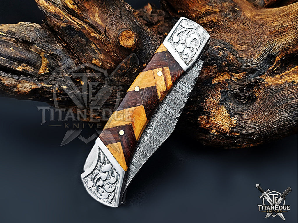Handmade 7.25" Damascus Steel Pocket Knife, Folding EDC Hunting Knife, Wood Handle, Groomsmen Gift With Leather Sheath