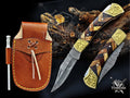Handmade 7.25" Damascus Steel Pocket Knife, Folding EDC Hunting Knife, Wood Handle, Groomsmen Gift With Leather Sheath