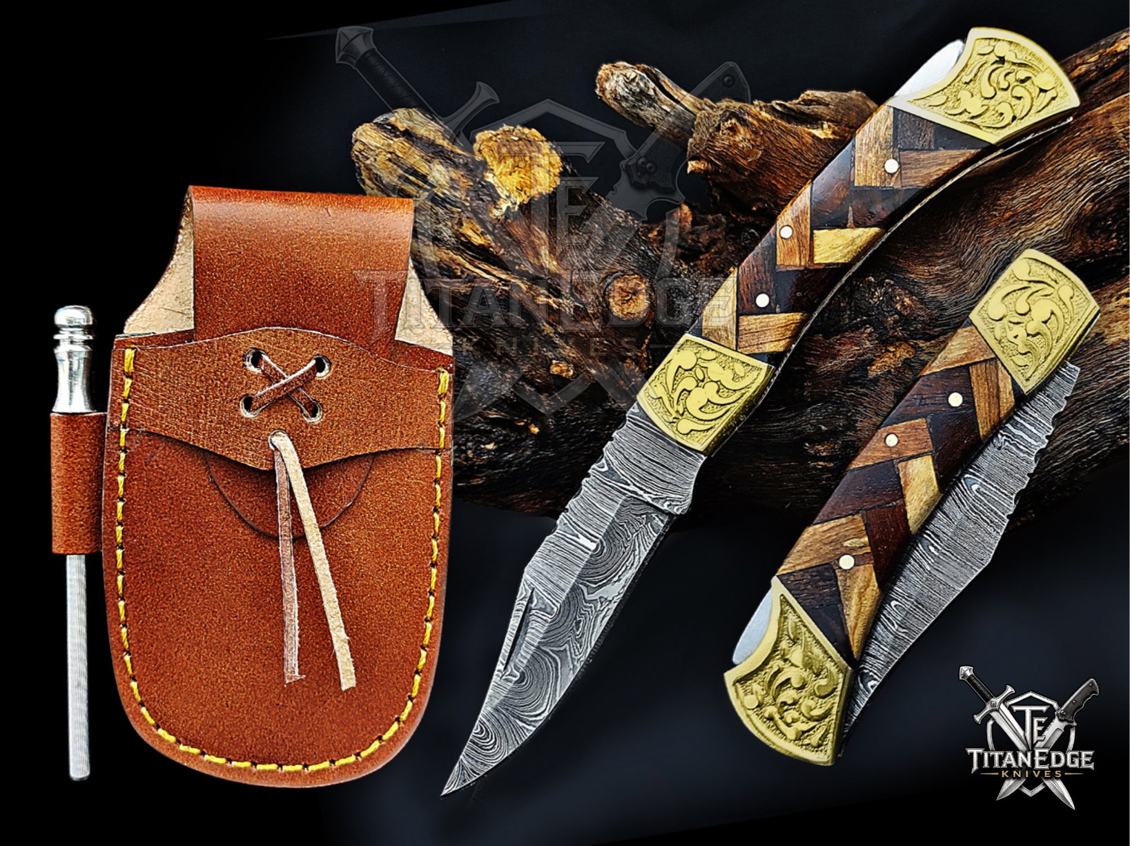 Handmade 7.25" Damascus Steel Pocket Knife, Folding EDC Hunting Knife, Wood Handle, Groomsmen Gift With Leather Sheath