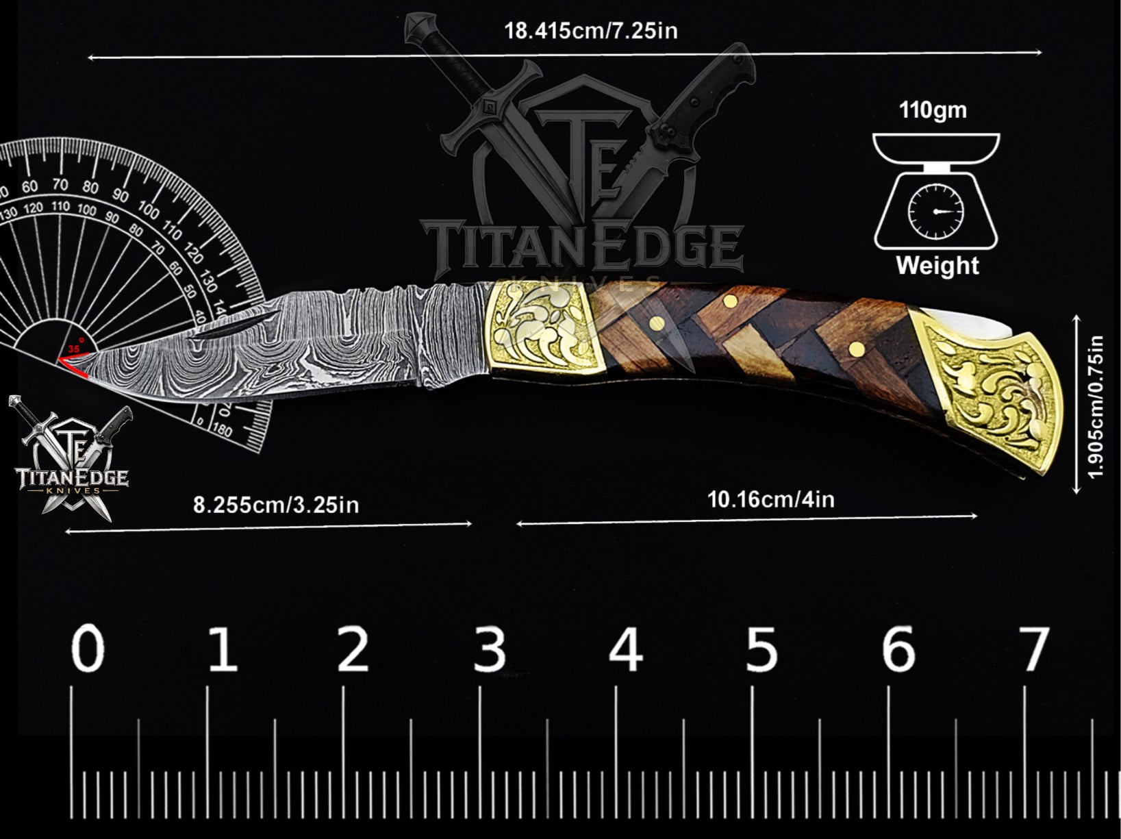 Handmade 7.25" Damascus Steel Pocket Knife, Folding EDC Hunting Knife, Wood Handle, Groomsmen Gift With Leather Sheath